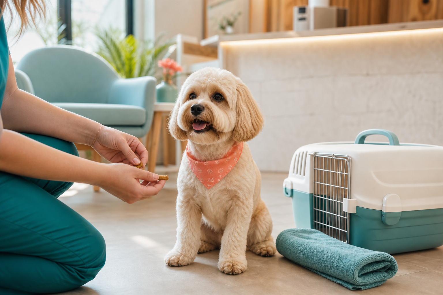 Bakımı tamamlanmış mutlu köpek ve pet kuaförü karşılama alanı